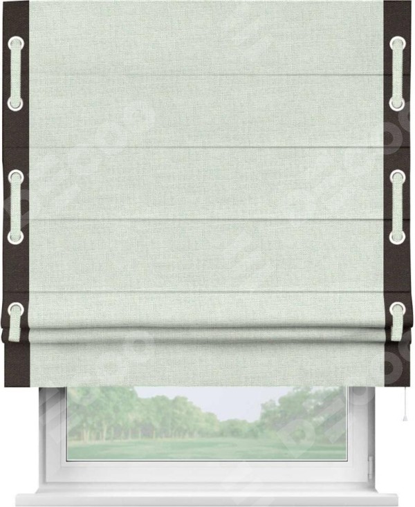 Римская штора «Кортин» для проёма, лён топлёное молоко, с кантом Стрим Дуо (люверсы с пояском)