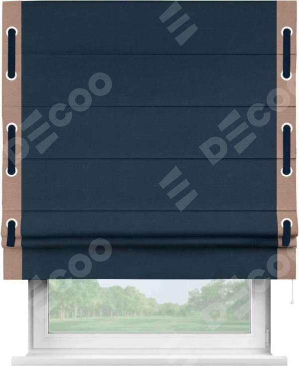 Римская штора «Кортин» с кантом Стрим Дуо (люверсы с пояском), для проема, ткань вельвет темно-синий