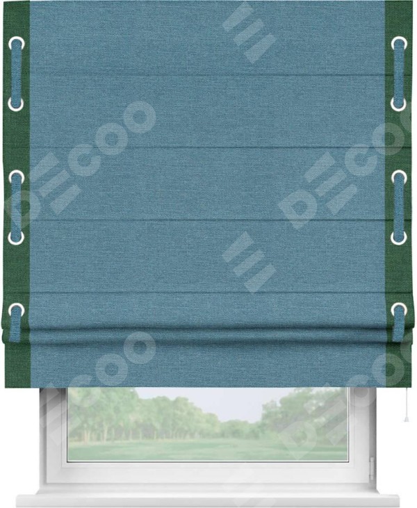 Римская штора «Кортин» с кантом Стрим Дуо (люверсы с пояском), для проема, ткань лён голубой