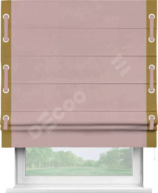 Римская штора «Кортин» с кантом Стрим Дуо (люверсы с пояском), для проема, ткань вельвет розовая пудра