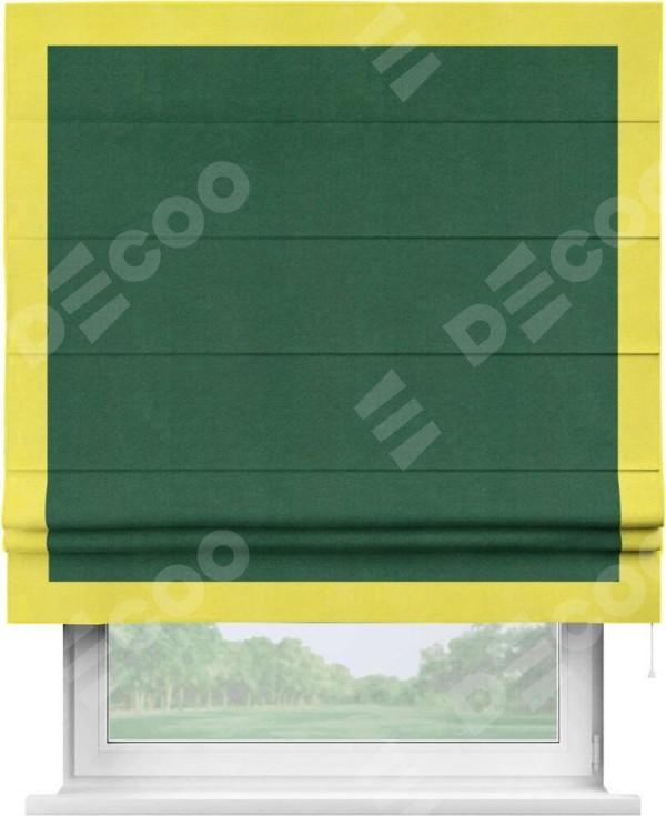 Римская штора «Кортин» с кантом Чесс, для проема, ткань вельвет зеленый