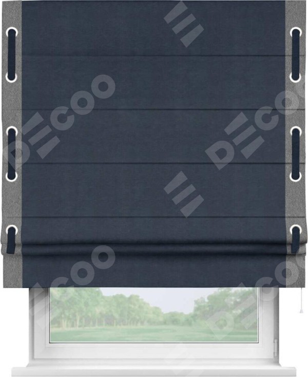 Римская штора «Кортин» с кантом Стрим Дуо (люверсы с пояском), для проема, ткань софт однотонный тёмно-синий