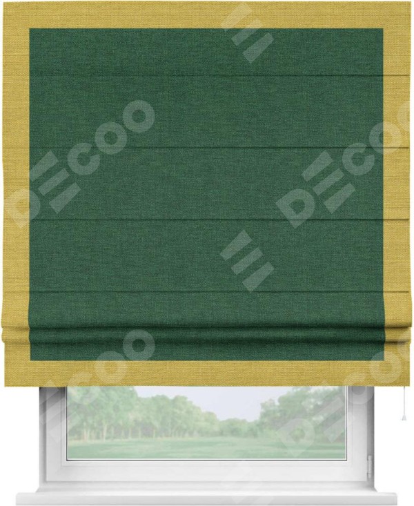 Римская штора «Кортин» с кантом Чесс, для проема, ткань лён серо-зеленый
