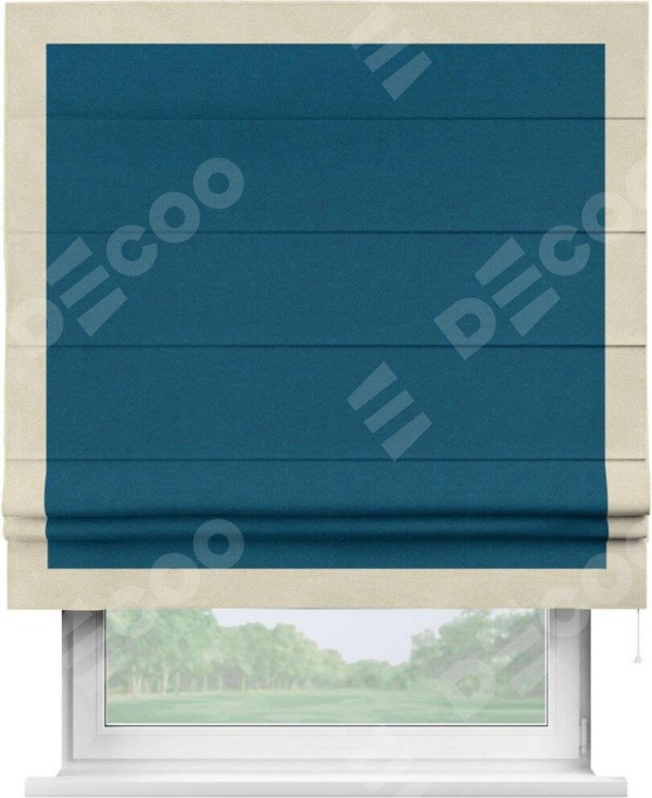 Римская штора «Кортин» с кантом Чесс, для проема, ткань лён димаут, синий