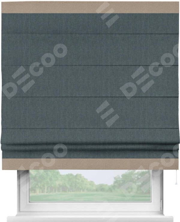Римская штора «Кортин» с кантом Горизонт, для проема, ткань лён димаут, серо-синий