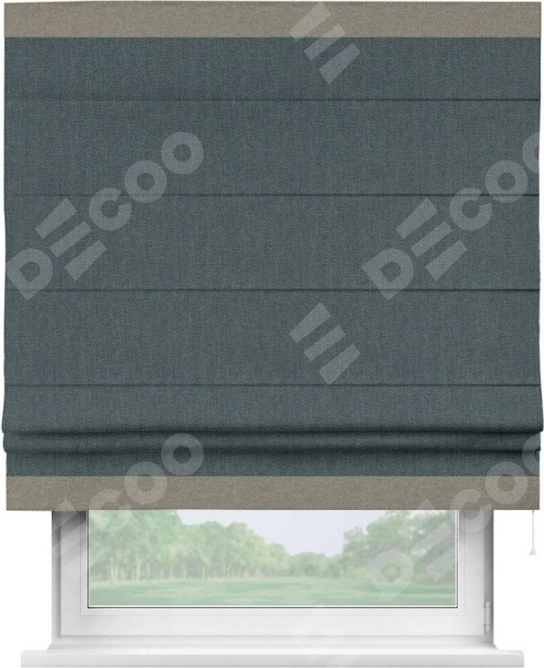 Римская штора «Кортин» с кантом Горизонт, для проема, ткань лён димаут, серо-синий