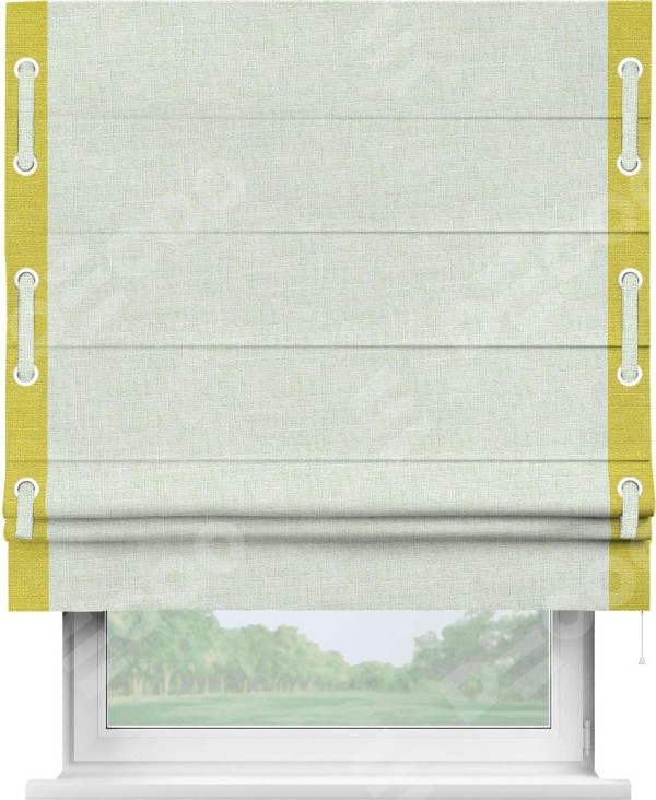 Римская штора «Кортин» для проёма, лён топлёное молоко, с кантом Стрим Дуо (люверсы с пояском)