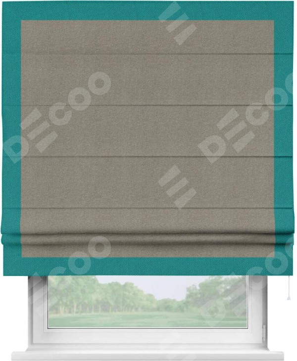 Римская штора «Кортин» с кантом Чесс, для проема, ткань лён димаут, серо-зелёный